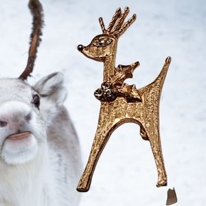 Unique Golden Reindeer Brooch with Crystal Eye & Holly Berry Wreath Collar